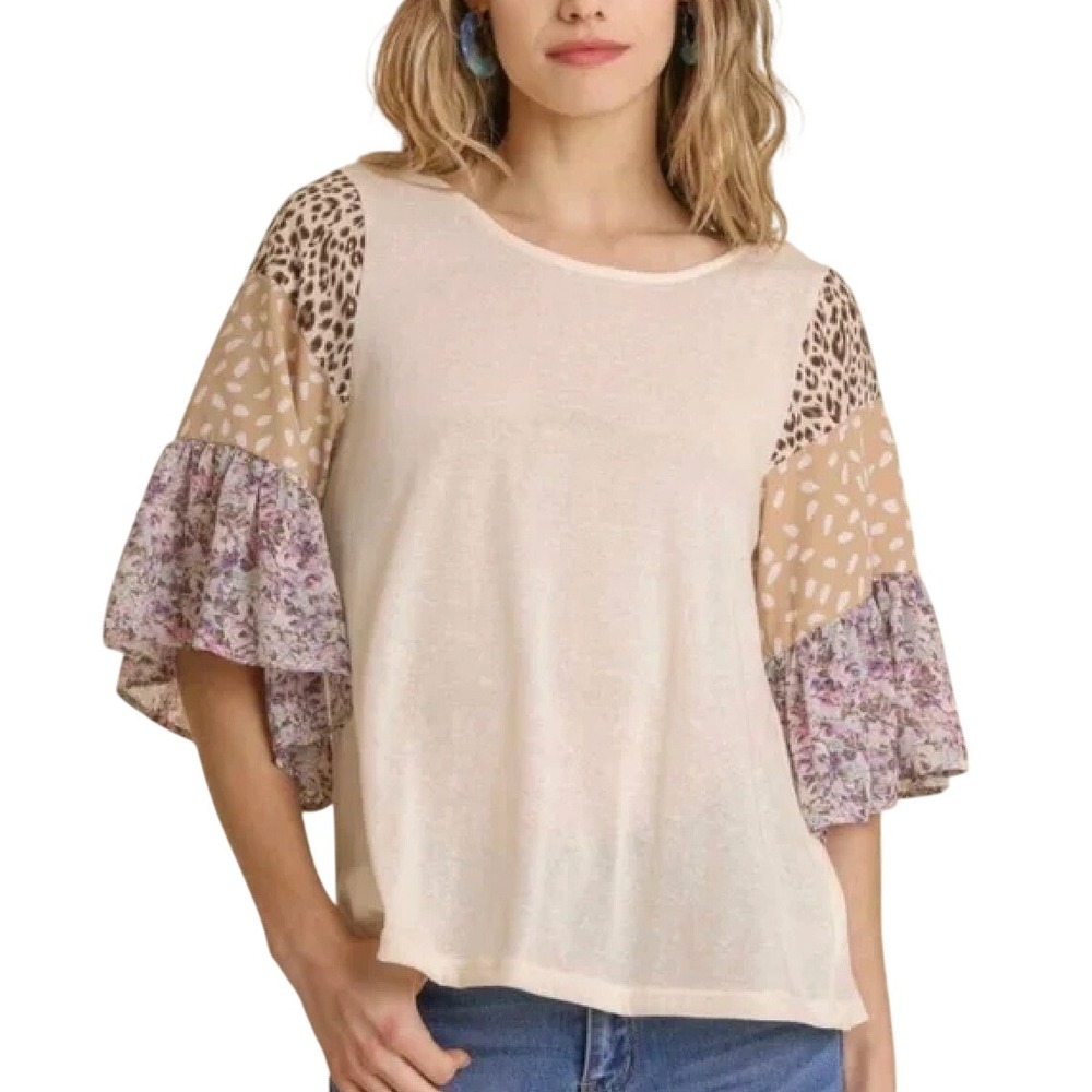 Umgee Mixed Media Leopard Floral Tiered Bell Sleeve Open Back Tie Top LARGE
